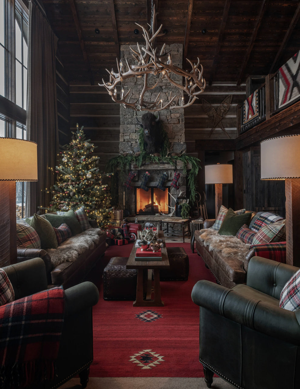 Telluride lodge living room decorated for Christmas